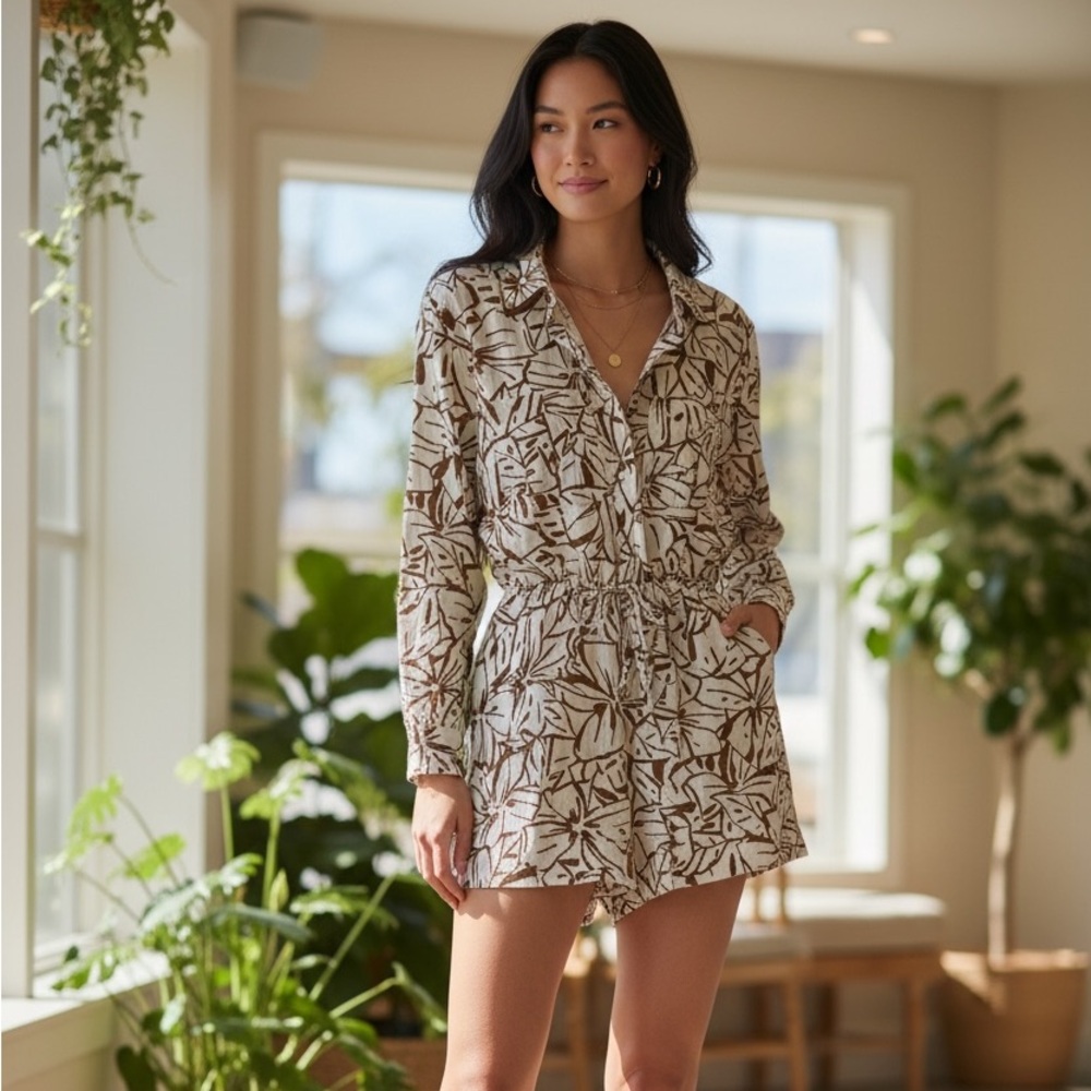 Unk Leaf Print Jumpsuit in Cream and Brown